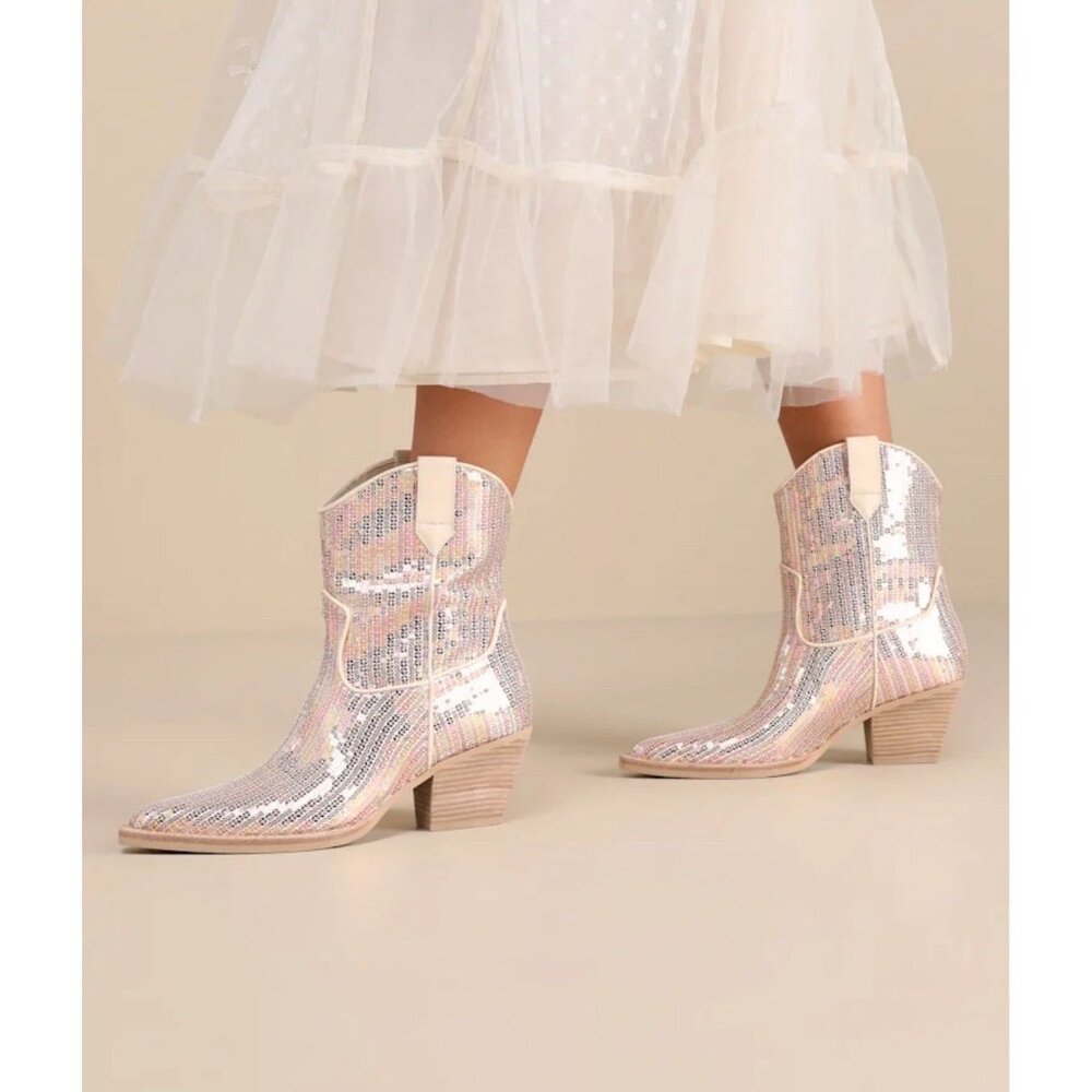 Dolce Vita Runa Cream Sequin Western Boots Size 7 Revolve Party Night Out